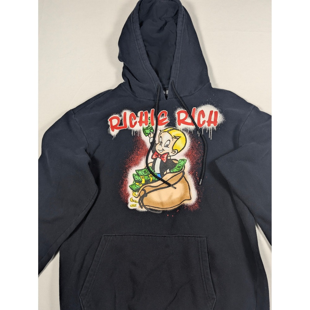 Richie Rich Mens Black Graphic Hoodie Sweatshirt Money Bag Streetwear Small